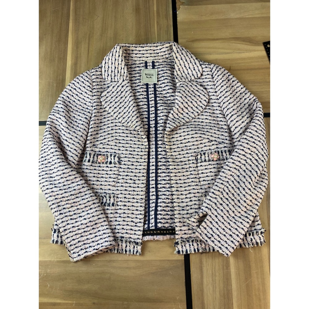 WEILL Women's Tweed Blazer Pink Navy Blue Collarless Jacket‎ Size 14